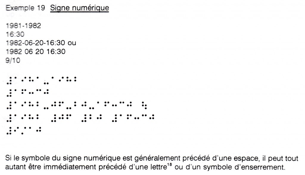 Exemple 19 Signe numérique, voir Code pour la transcription en braille de l'imprimé, tome 1, 1996, pp 32-33