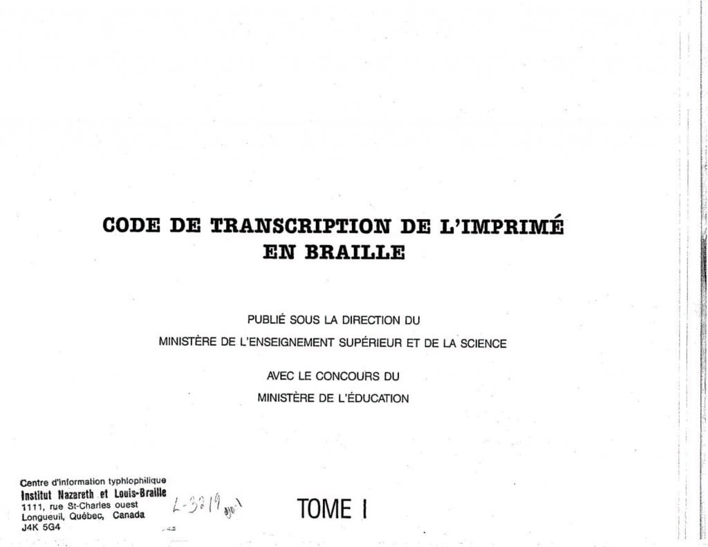 Page titre du Code de transcription de l’imprimé en braille, première édition 1989.