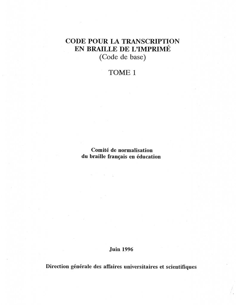 Page couverture du Code pour la transcription en braille de l'imprimé, Juin 1996