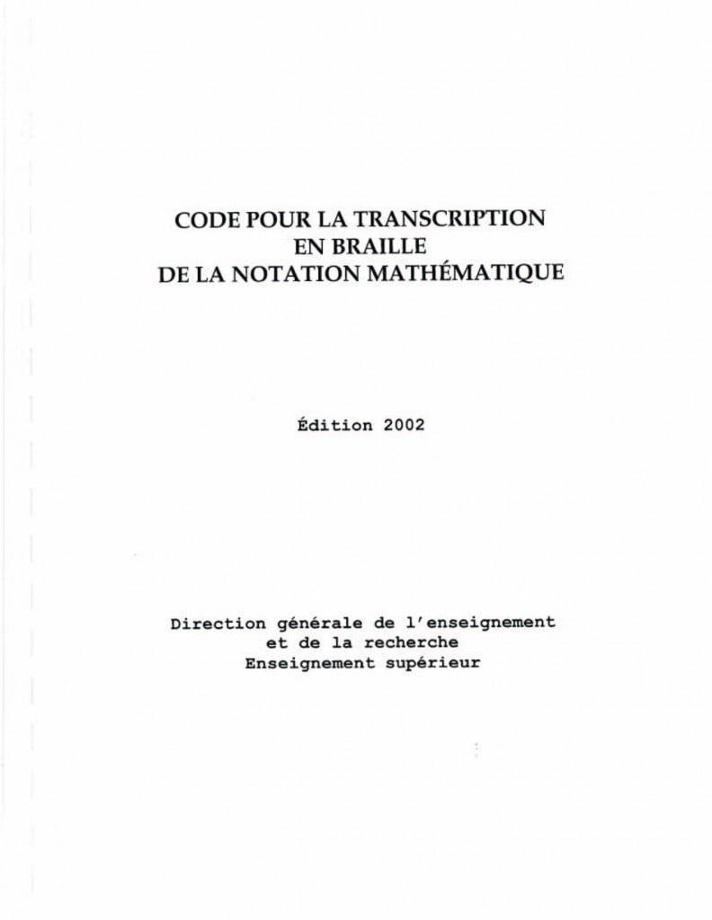 Page titre du Code pour la transcription en braille de la notation mathématique, édition 2002 