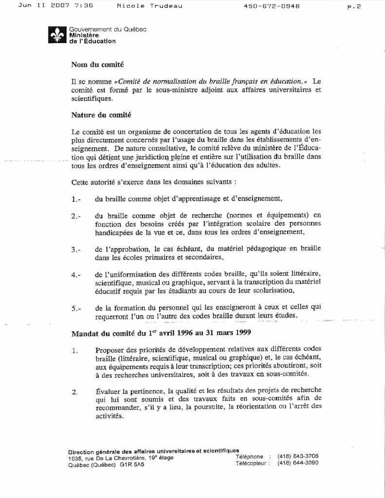 Mandat du Comité de normalisation du braille français en éducation